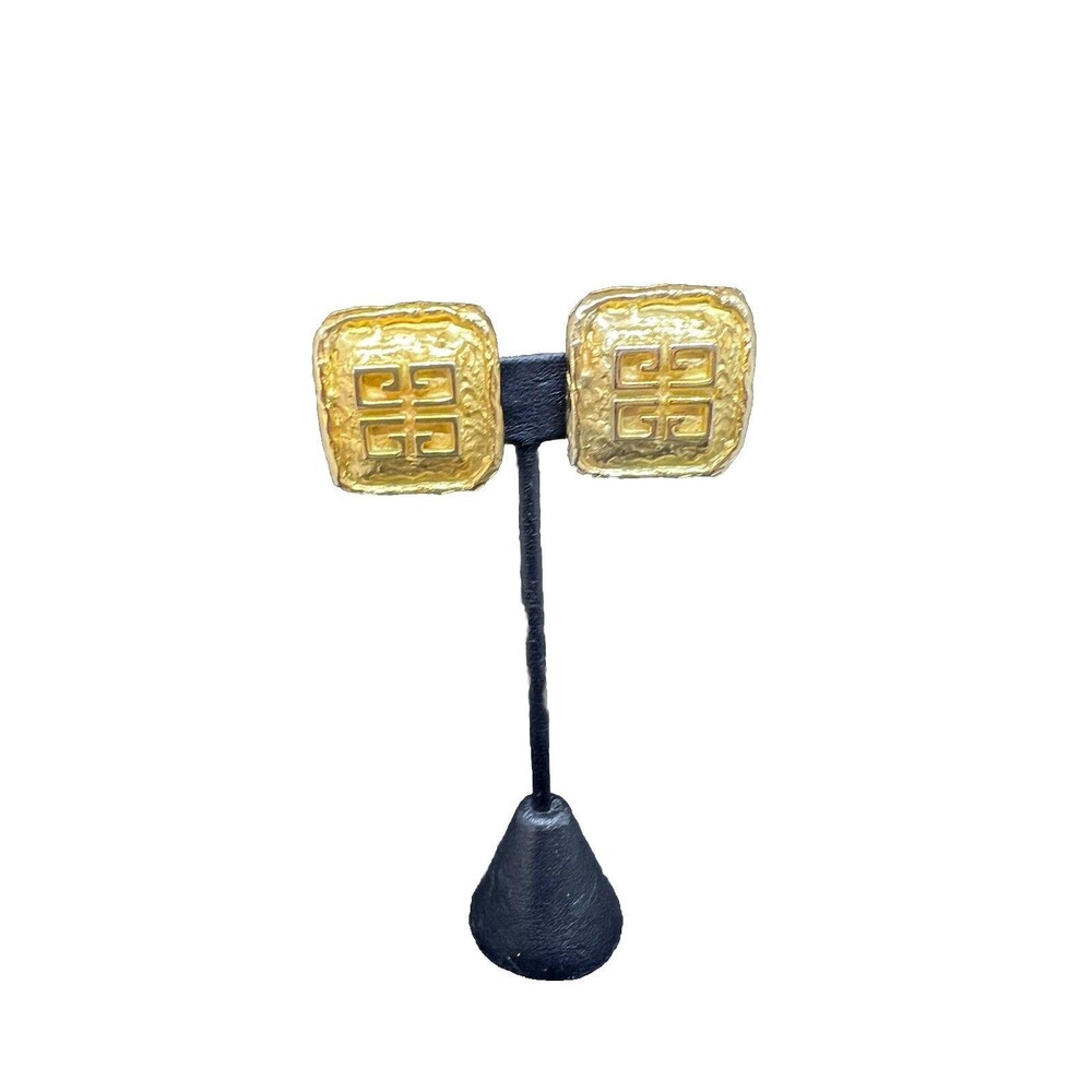 Vintage Parfums Givenchy France Gold Earrings / Designer Logo Clip Earrings